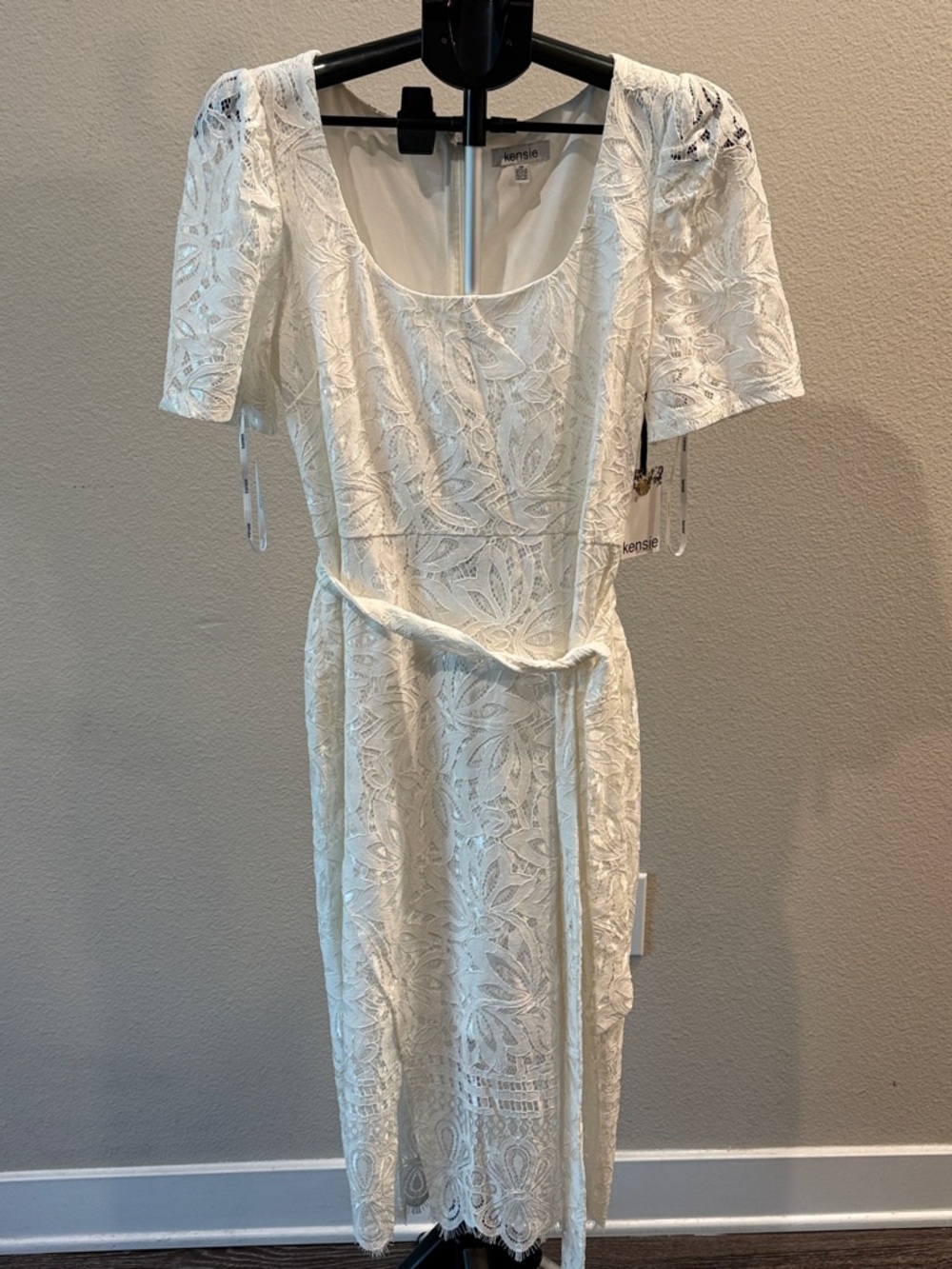 kensie White Lace Midi Dress with Waist Tie